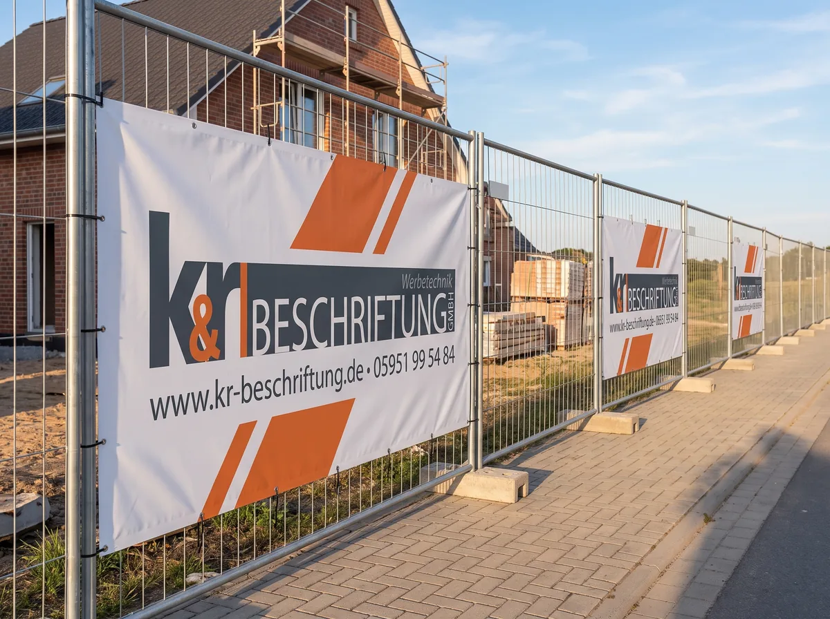 Mehrere K&R Bauzaunbanner nebeneinander an einem Baustellenzaun