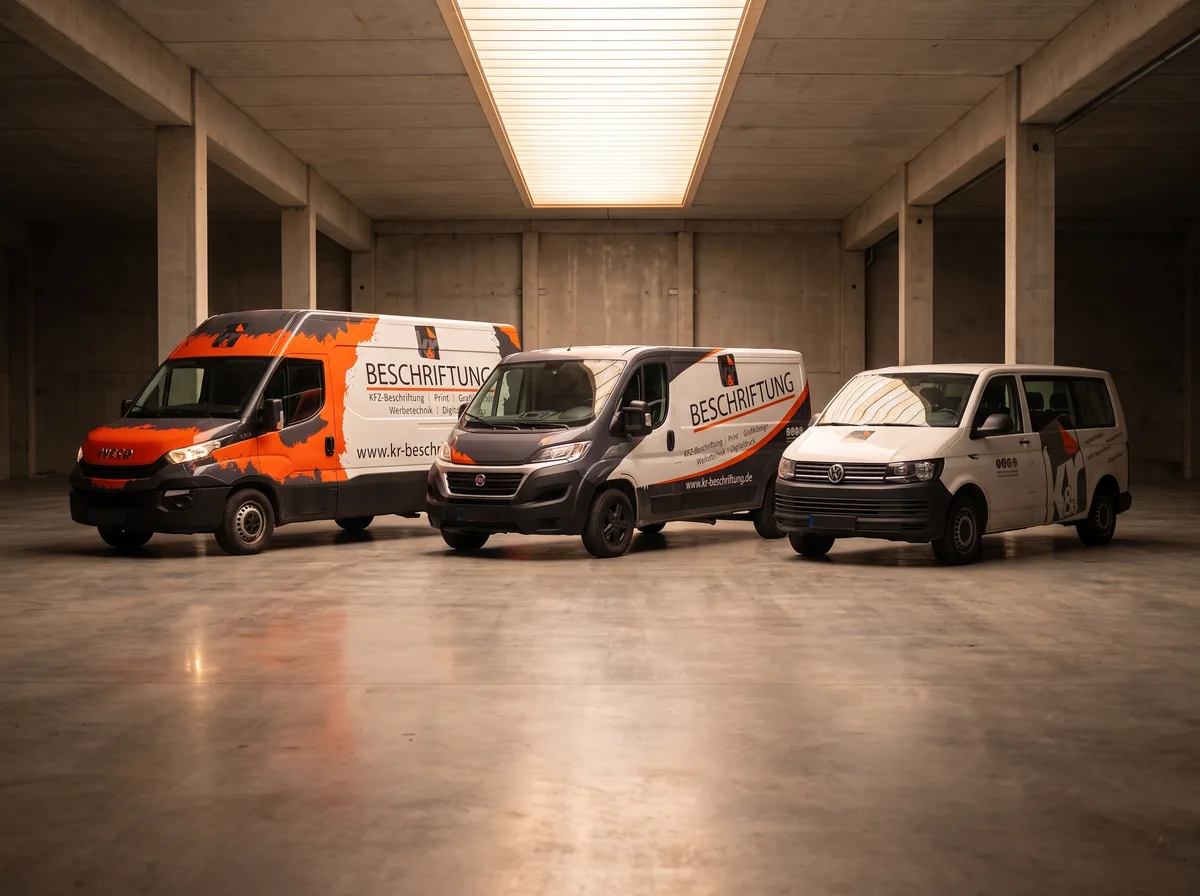 Der Fuhrpark von K&R Beschriftung: Iveco Daily, Fiat Ducato und VW Transporter, alle im eigenen Orange-Anthrazit-Design