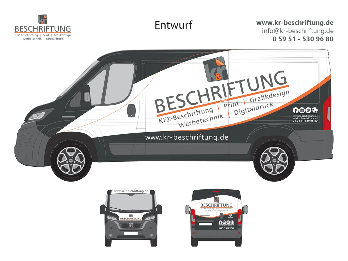 Entwurfsblatt von K&R Beschriftung: Fiat Ducato in Seiten-, Front- und Heckansicht mit dem fertigen Beschriftungsentwurf